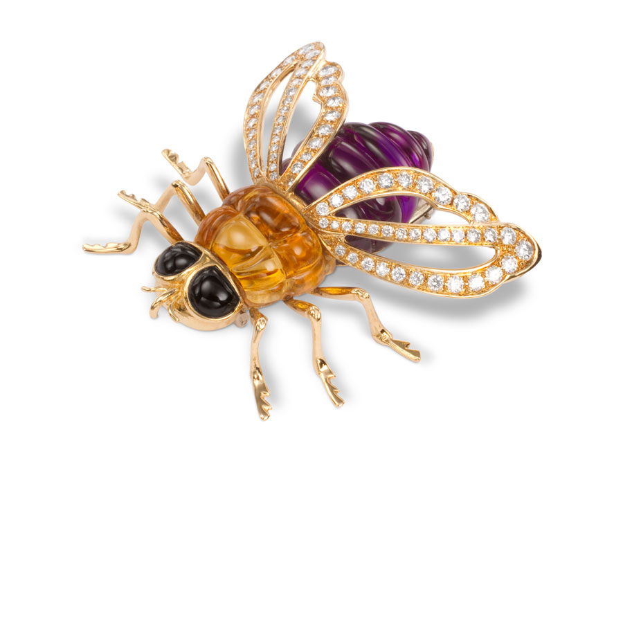 Prendedor Abeja de oro con ónix, citrinos, amatista y brillantes